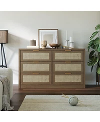gaomon 6-Drawer Dresser for Bedroom, 57.2" Wide Rattan Dresser Modern Wood Chest with Metal Handles