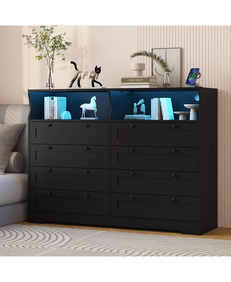 gaomon 8 Drawer Dresser with Rgb Led Lights, Power Outlet and 2 Open Shelves