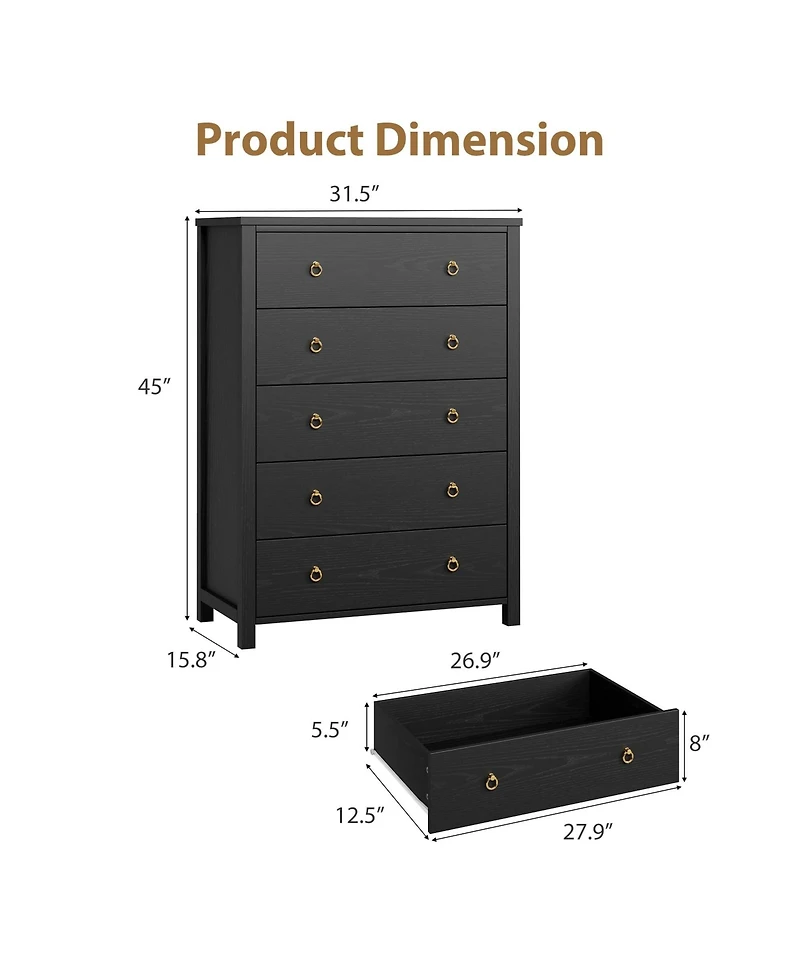 gaomon 5 Drawer Modern Dresser, 45" Tall Wooden Storage Cabinet and Tv Stand for Bedroom Nursery Entryway