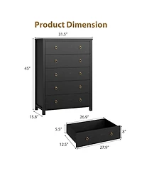 gaomon 5 Drawer Modern Dresser, 45" Tall Wooden Storage Cabinet and Tv Stand for Bedroom Nursery Entryway