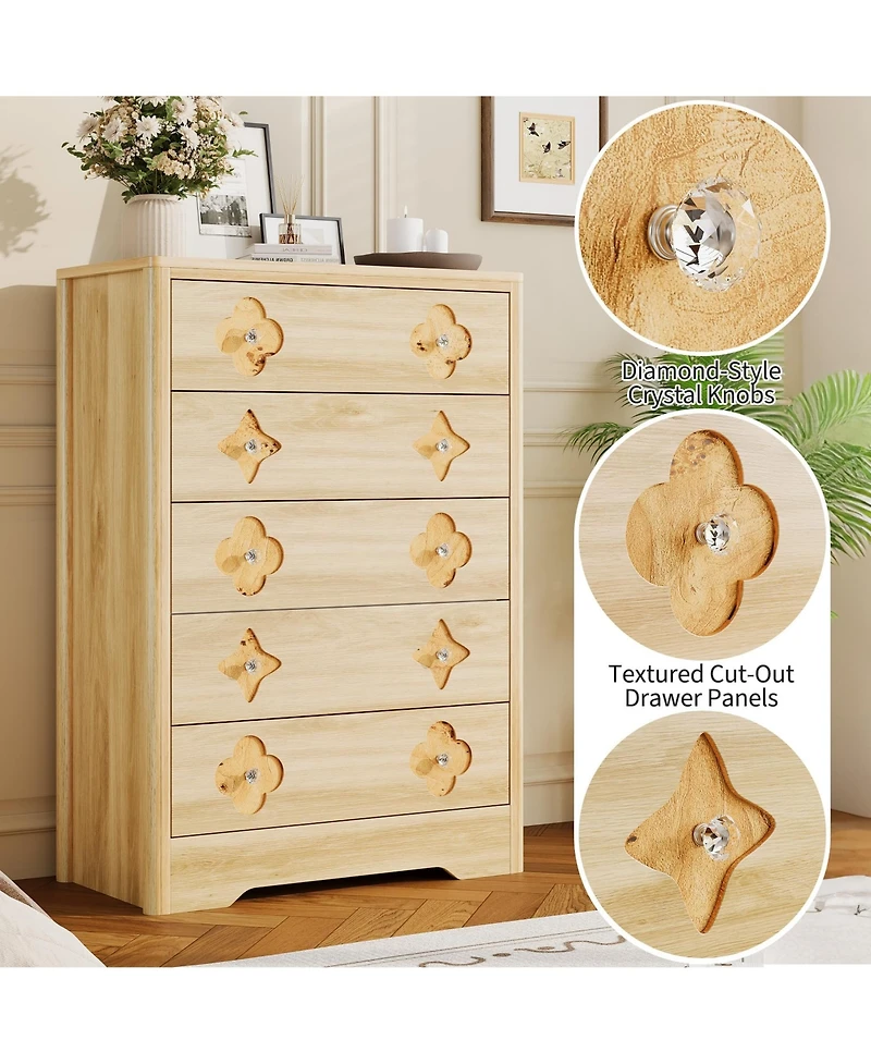 gaomon 46.1" Tall 5 Drawer Wood Dresser with Decorative Fronts and Crystal Knobs, Narrow Storage Chest