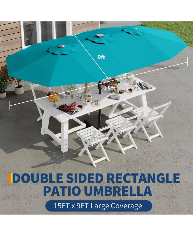 Gaomon Outdoor 15FT Double-Sided Rectangular Patio Umbrella with Base and 36 Solar Led Lights for Pool, Lawn