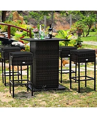 Gouun 5-Piece Outdoor Pe Rattan Patio Bar Set with 4 Cushioned Stools and Hidden Storage Shelf