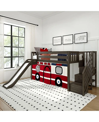 Max & Lily Low Loft With Stairs, Easy Slide and Firetruck Curtain