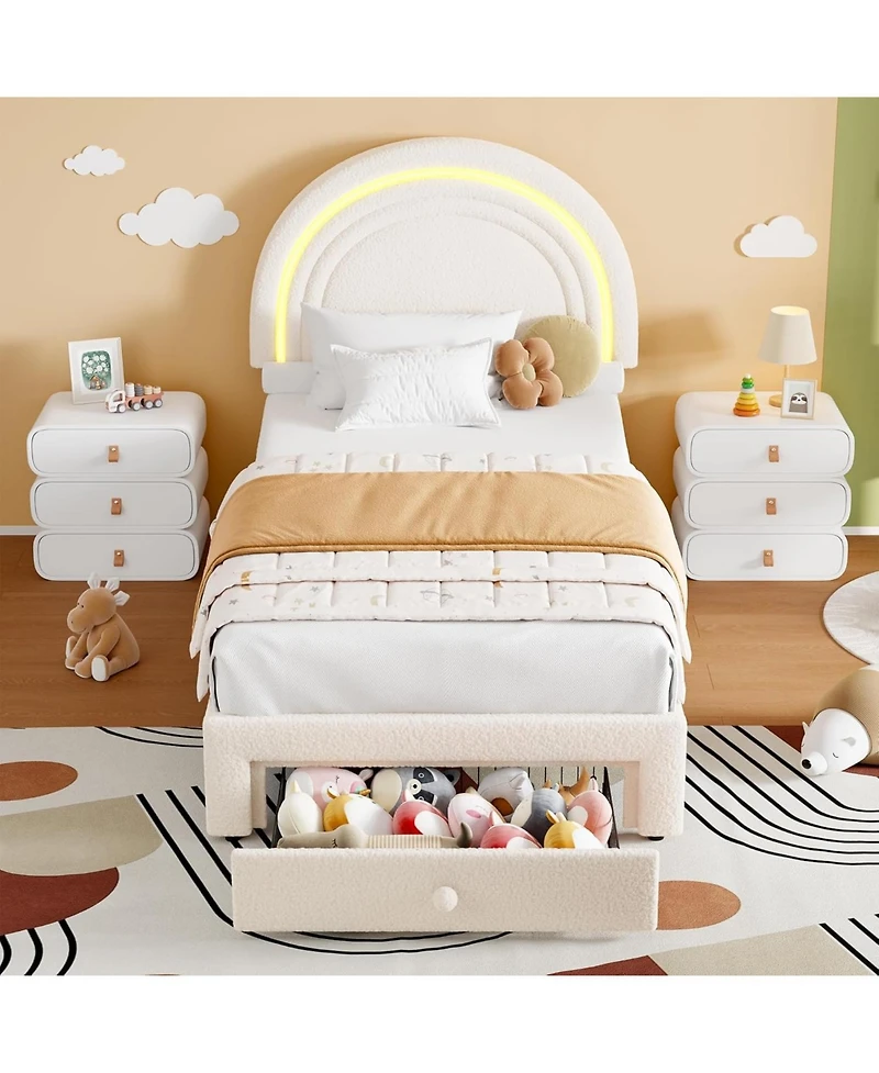 gaomon Twin Upholstered Led Bed Frame - with Storage Drawer and Rainbow Headboard, Berber Fleece Princess Platform for Kids, Solid Wood Support