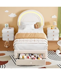 gaomon Twin Upholstered Led Bed Frame - with Storage Drawer and Rainbow Headboard, Berber Fleece Princess Platform for Kids, Solid Wood Support