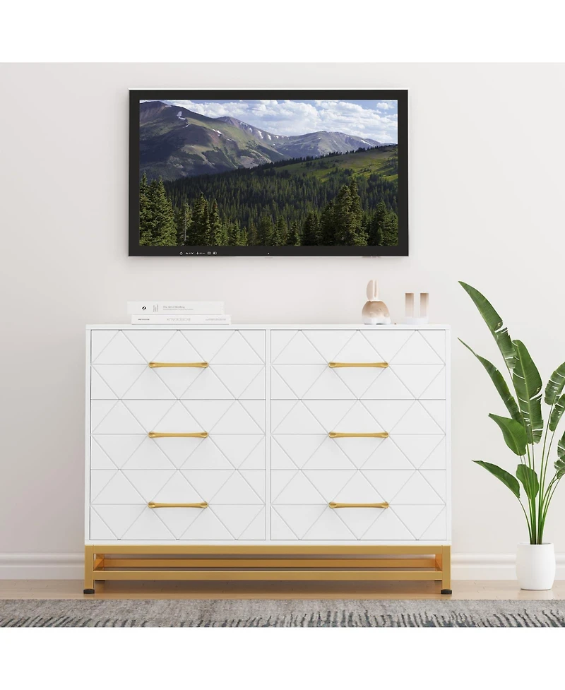 gaomon 6 Drawer Wood Dresser for Bedroom, Modern Storage Chest with Gold Handles and Metal Base
