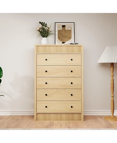 gaomon Fluted 5 Drawer Tall Wooden Dresser, 31.5" Wide Modern Storage Cabinet for Bedroom