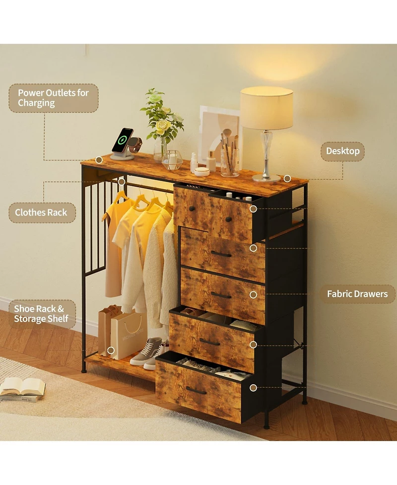 gaomon 49.2" Dresser with Hanging Rack, 6 Fabric Drawers, Led Lights and Charging Station Storage Organizer