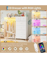 gaomon 49.2" Dresser with Hanging Rack, 6 Fabric Drawers, Led Lights and Charging Station Storage Organizer