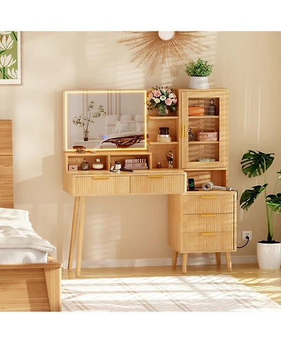 Homfan Fluted Makeup Vanity Desk with Led Lighted Mirror and Power Outlet - 5 Drawers, Glass Top, Door, Adjustable Shelves