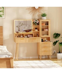 Homfan Fluted Makeup Vanity Desk with Led Lighted Mirror and Power Outlet - 5 Drawers, Glass Top, Door, Adjustable Shelves