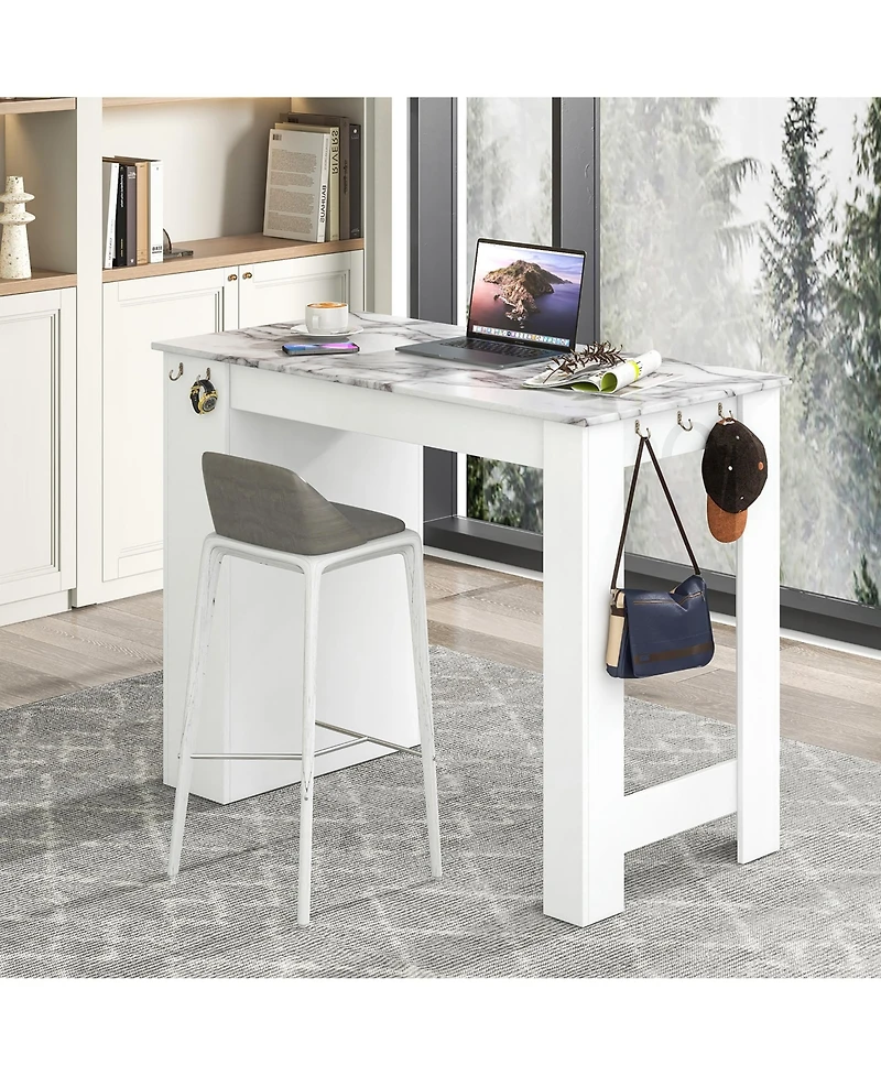 Gymax Long Counter Height Table Bar Table Faux Marble Pub Table Cabinet