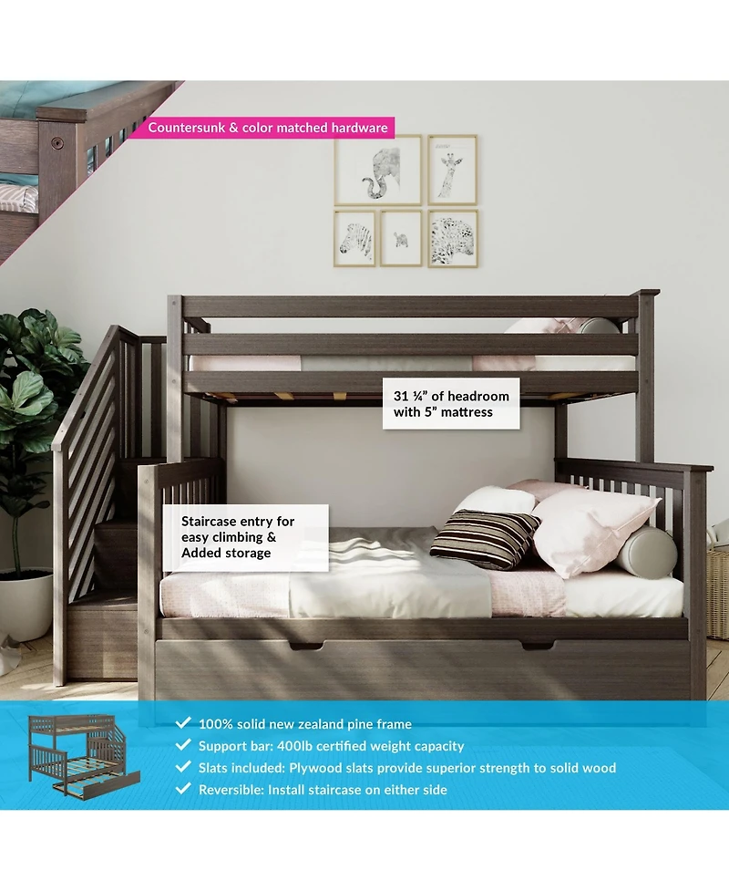 Max and Lily Twin over Full Staircase Bunk Bed with Trundle, Clay