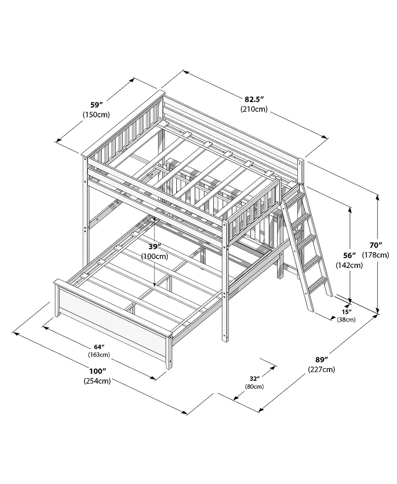 Max & Lily Bunk Bed, L Shaped Full-Over-Queen Bed Frame for Kids with Ladder on End, Solid Wood Kids, No Box Spring Needed