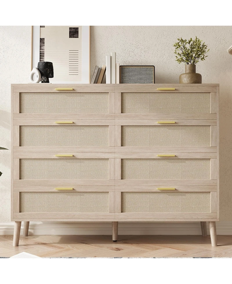 gaomon 8 Drawer Dresser for Bedroom, Rattan Dresser with Metal Handles, Farmhouse Chest of Drawer