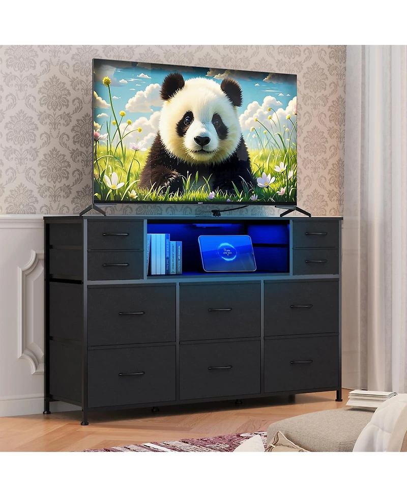 gaomon 10 Drawer Fabric Dresser Tv Stand with Led Lights and Power Outlets, 45"-55" Entertainment Center