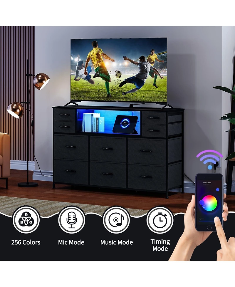 gaomon 10 Drawer Fabric Dresser Tv Stand with Led Lights and Power Outlets, 45"-55" Entertainment Center