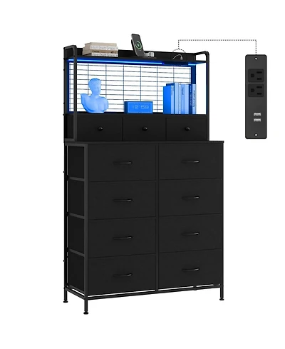 gaomon 11 Drawer Fabric Dresser with Charging Station, Wireless Charger and Rgb Led Lights Storage Organizer
