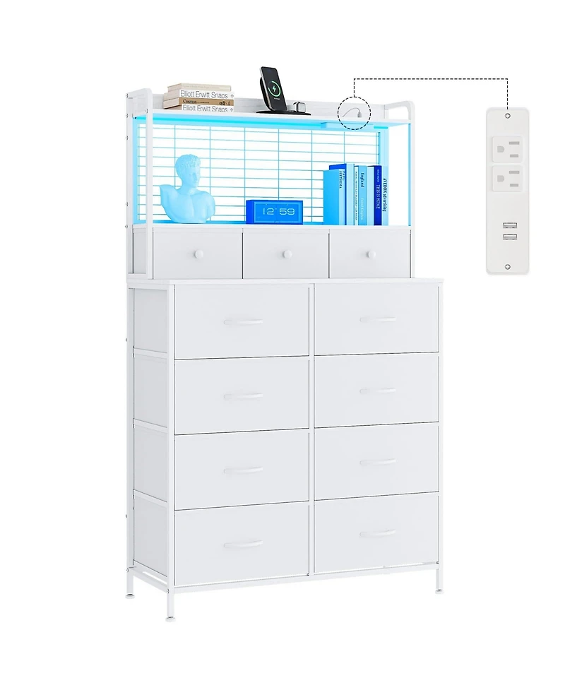 gaomon 11 Drawer Fabric Dresser with Charging Station, Wireless Charger and Rgb Led Lights Storage Organizer