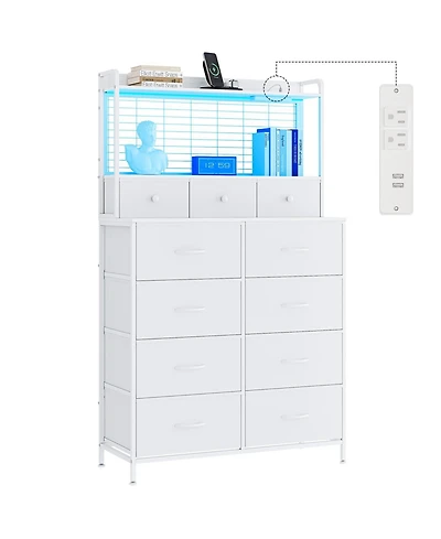 gaomon 11 Drawer Fabric Dresser with Charging Station, Wireless Charger and Rgb Led Lights Storage Organizer
