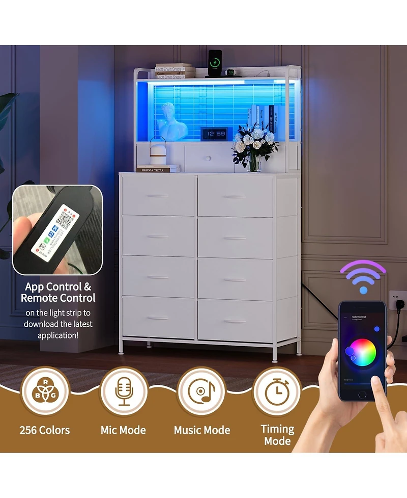gaomon 11 Drawer Fabric Dresser with Charging Station, Wireless Charger and Rgb Led Lights Storage Organizer