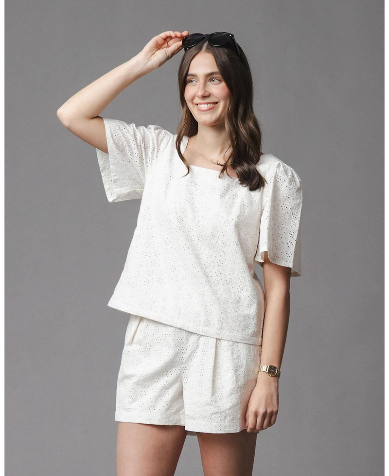 Hope & Henry Women's and Organic Eyelet Button Tab Short