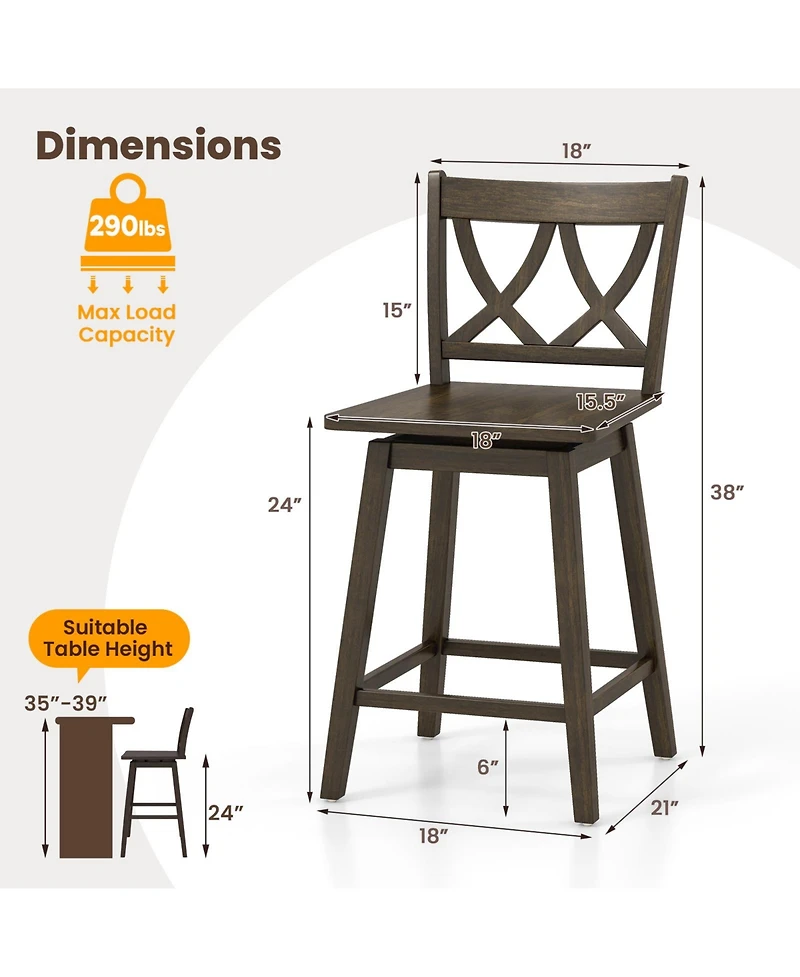 Slickblue 2 Piece Wooden Bar Stool Set Rubber Wood Frame Chairs