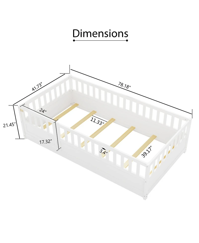 Rainsken Montessori Floor Bed, with Fence and Open Door, Children's Bed Frame