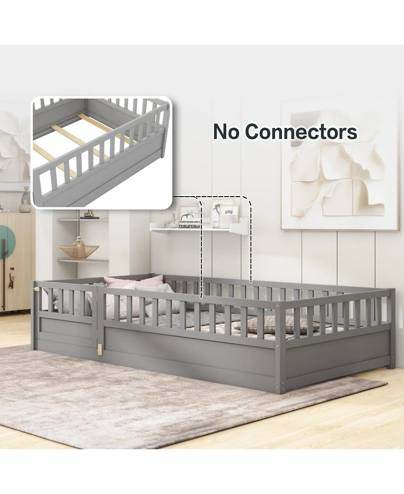 Rainsken Montessori Floor Bed, with Fence and Open Door, Children's Bed Frame