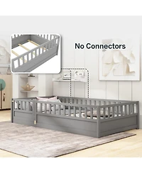 Rainsken Montessori Floor Bed, with Fence and Open Door, Children's Bed Frame