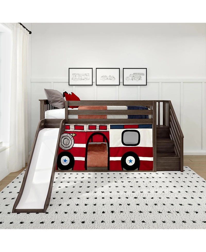 Max & Lily Low Twin over Bunk With Stairs, Easy Slide and Firetruck Curtain
