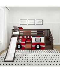 Max & Lily Low Twin over Bunk With Stairs, Easy Slide and Firetruck Curtain