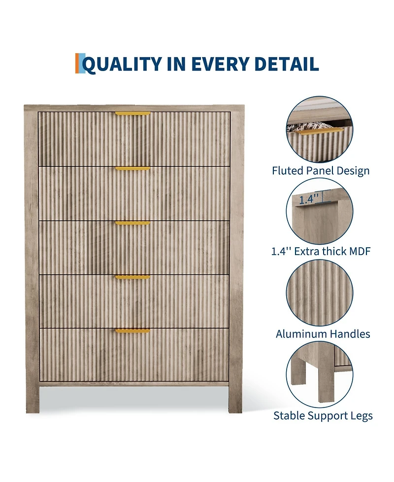 gaomon 5-Drawer Dresser for Bedroom, 45" Tall Narrow Modern Chest of Drawers, Wooden Storage Cabinet or Nightstand