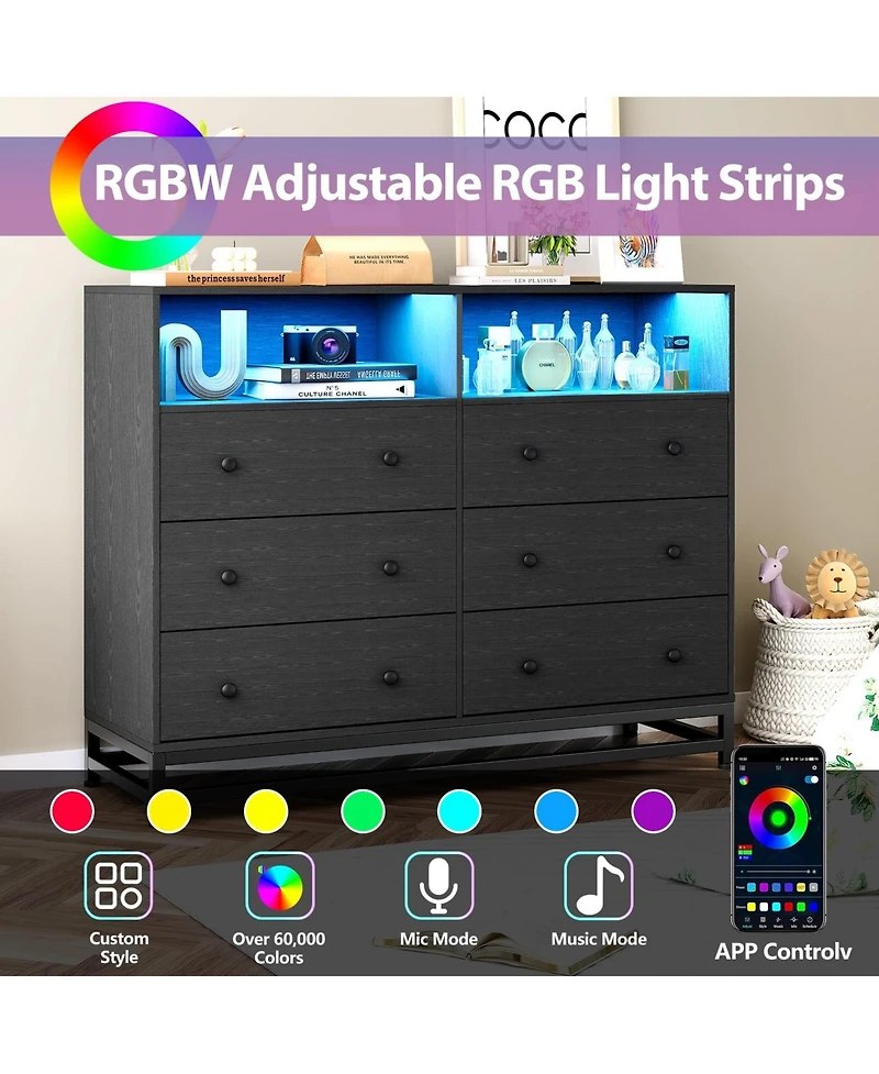 gaomon 6 Drawer Dresser with Led Lights and Power Outlet, Wooden Tv Stand Storage Cabinet for Bedroom