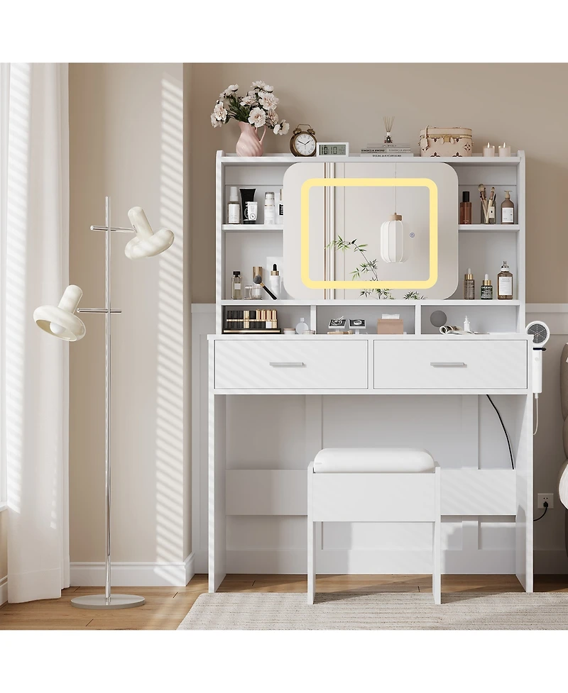 Homfan Vanity Desk with Sliding Mirror, Charging Station, 2 Drawers, Cushioned Stool, 3 Lighting Modes, Dressing Table for Bedroom, Studio