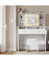 Homfan Vanity Desk with Sliding Mirror, Charging Station, 2 Drawers, Cushioned Stool, 3 Lighting Modes, Dressing Table for Bedroom, Studio
