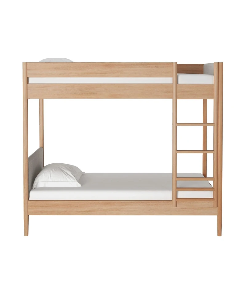 Max & Lily Harbor Twin Over Wood Bunk Bed with Upholstered Headboard, Blonde/Swiss Coffee