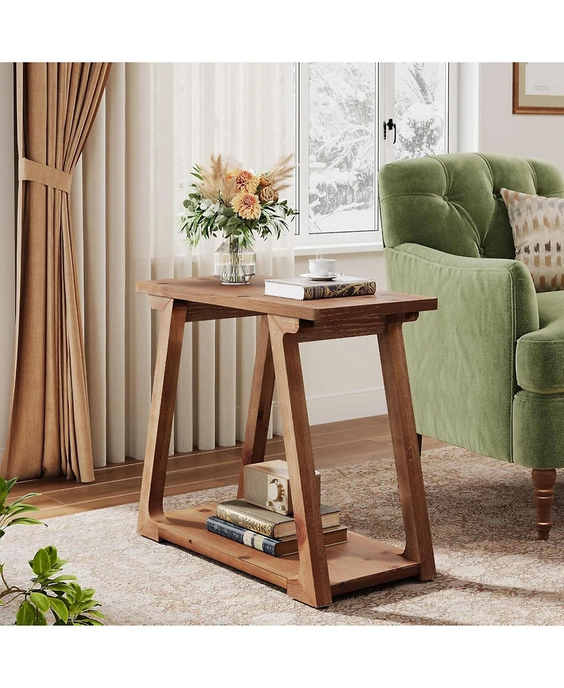 Tribesigns 2-Tier Solid Wood End Table, Narrow Side Table, Rectangle Farmhouse Nightstand for Living Room, Bedroom, Easy Assembly