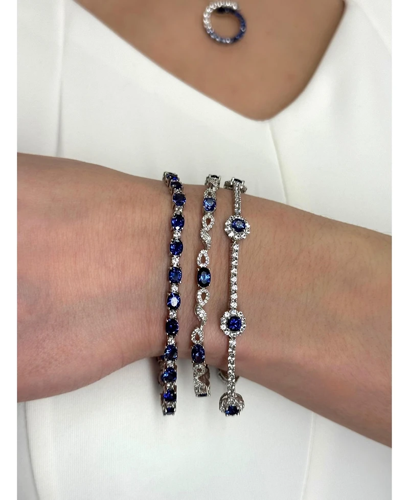 Suzy Levian New York Sterling Silver Sapphire & Created White Round Halo Pave Tennis Bracelet