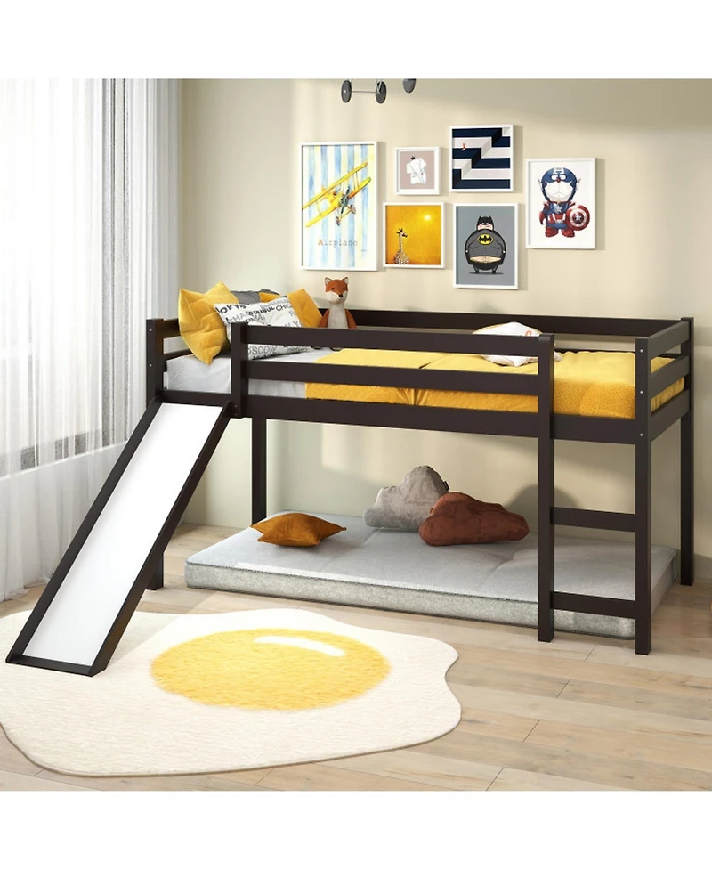 Gouun Twin Low Loft Bed with Built-In Slide and Dual Ladders