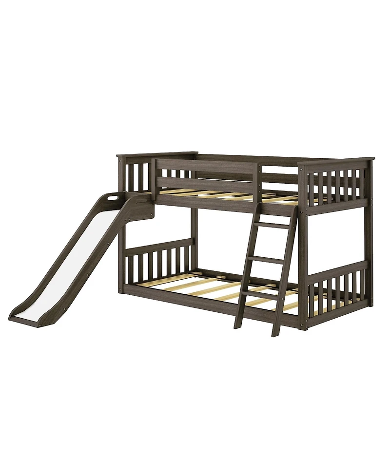 Max & Lily Twin Over Low Bunk Bed with Slide, Solid Wood Kids Platform Guardrails
