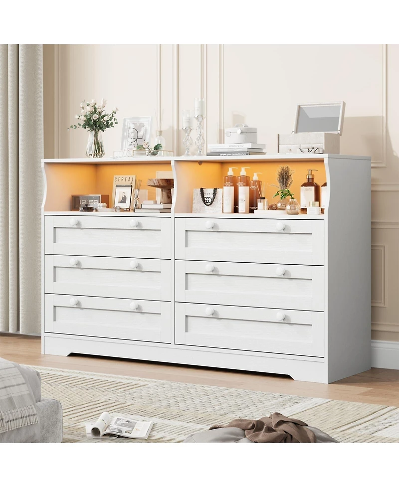 gaomon 6 Drawer Dresser with Rgb Led Lights, Power Outlet and 2 Open Shelves