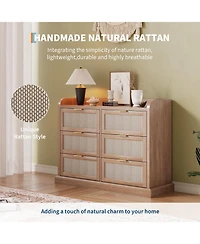 gaomon Farmhouse 6 Drawer Dresser for Bedroom, Rattan Chest of Drawers with Storage,Large Dresser Chest of Drawers with Gold Handle
