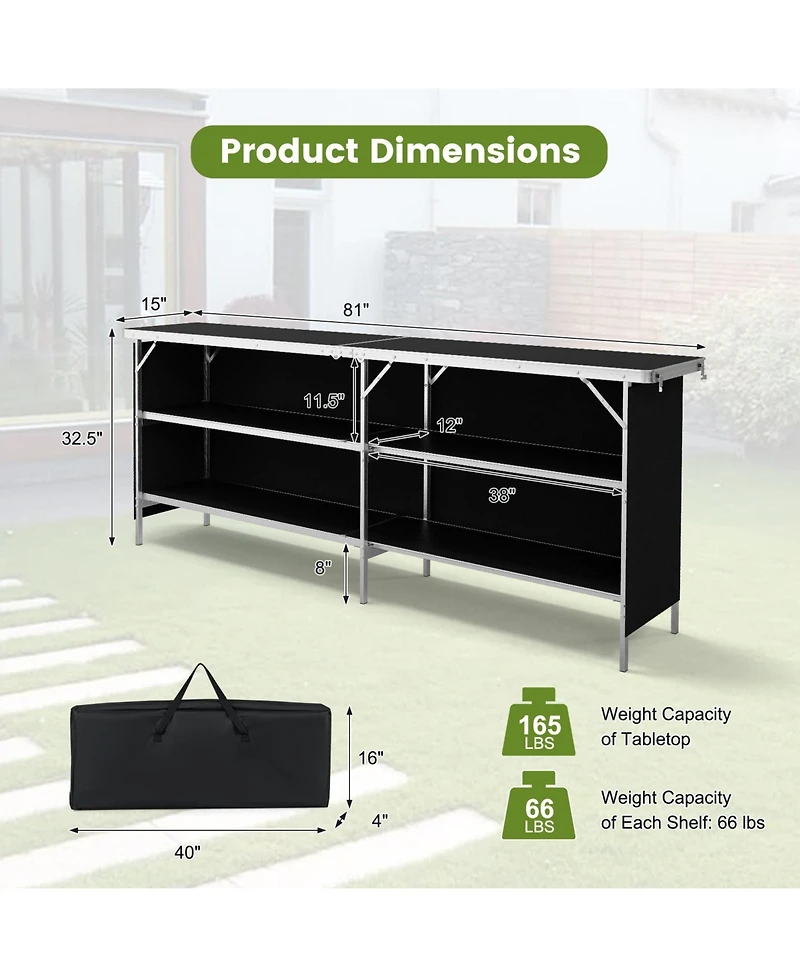 Gymax Portable Bar Table Folding Camping with Aluminum Alloy Frame 2-Tier Shelves