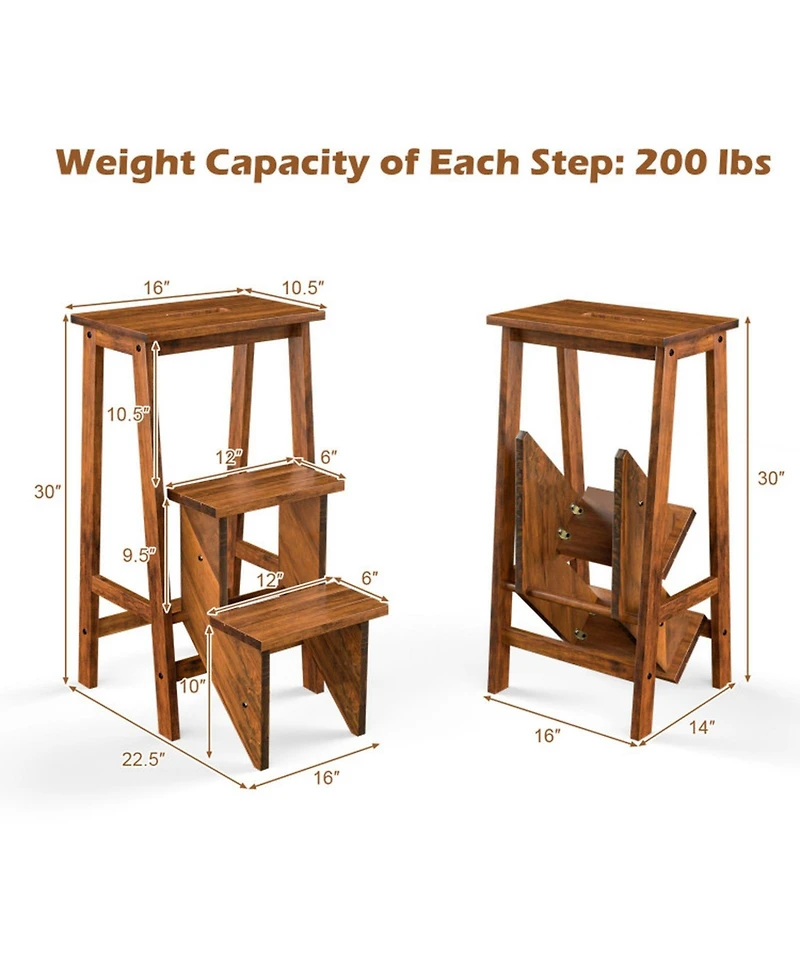 Gouun 30 in. Folding 3-Tier Rubber Wood Step Ladder with Storage Shelf Function