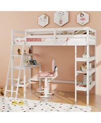 Gouun Twin Size Wood Loft Bed with Study Desk, Multi-Tier Bookshelves and Ladder