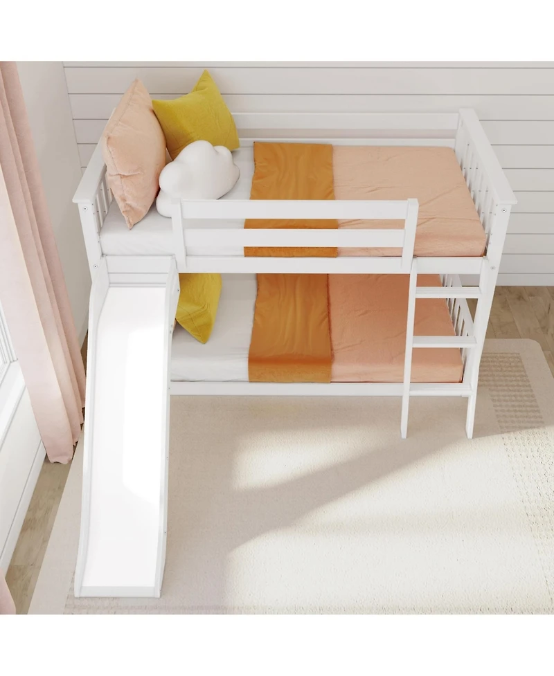 Max & Lily Twin Over Low Bunk Bed with Slide, Solid Wood Kids Platform Guardrails