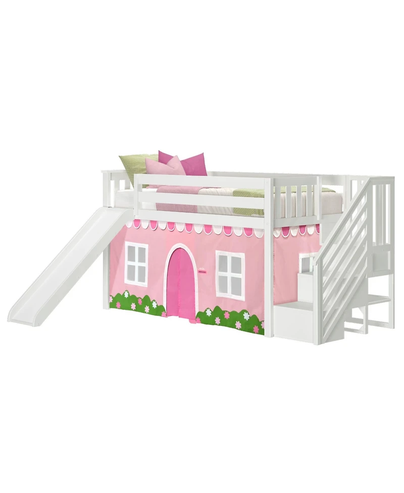 Max & Lily Low Twin over Bunk With Stairs, Easy Slide and Light Pink White Farmhouse Curtain