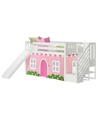 Max & Lily Low Twin over Bunk With Stairs, Easy Slide and Light Pink White Farmhouse Curtain